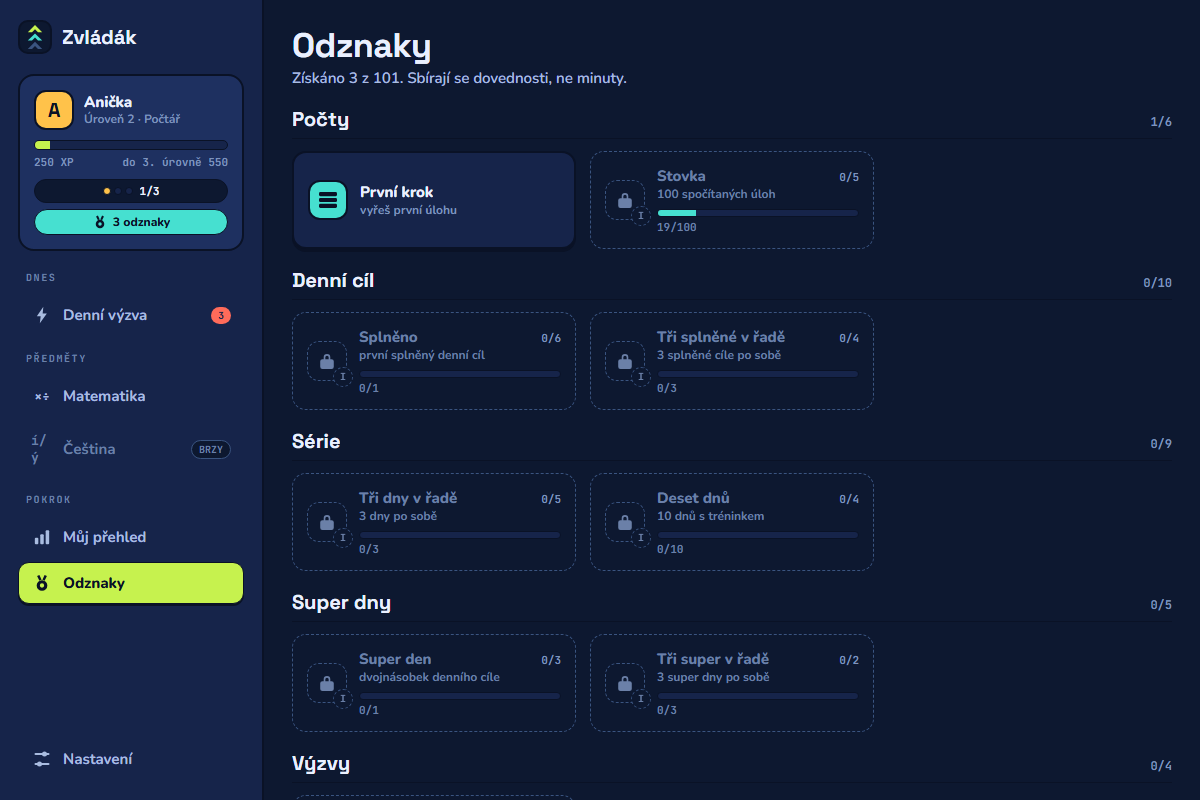 Odznaky: počítadla s cílem ve skupinách
